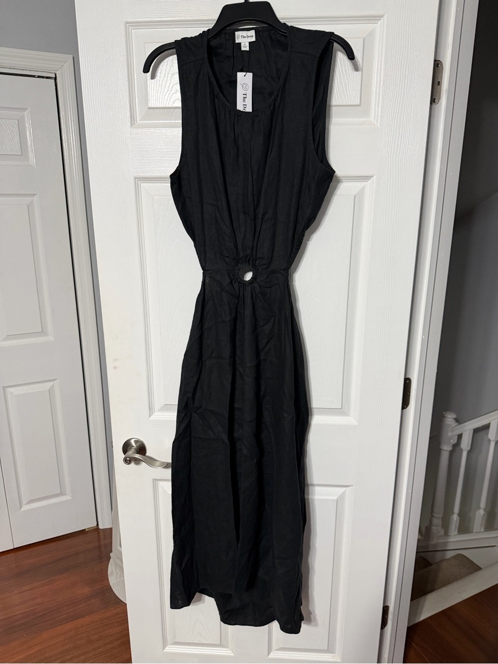 NWT The Drop Black Linen Sleeveless Midi Dress with Cutout and Ring Detail
